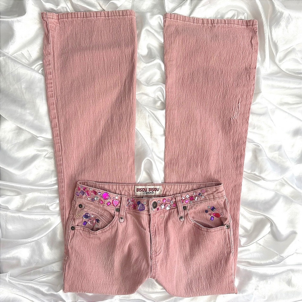 Bisou Bisou Pink Flare Jeans Rhinestone Embellished Low Rise Y2K Size 6